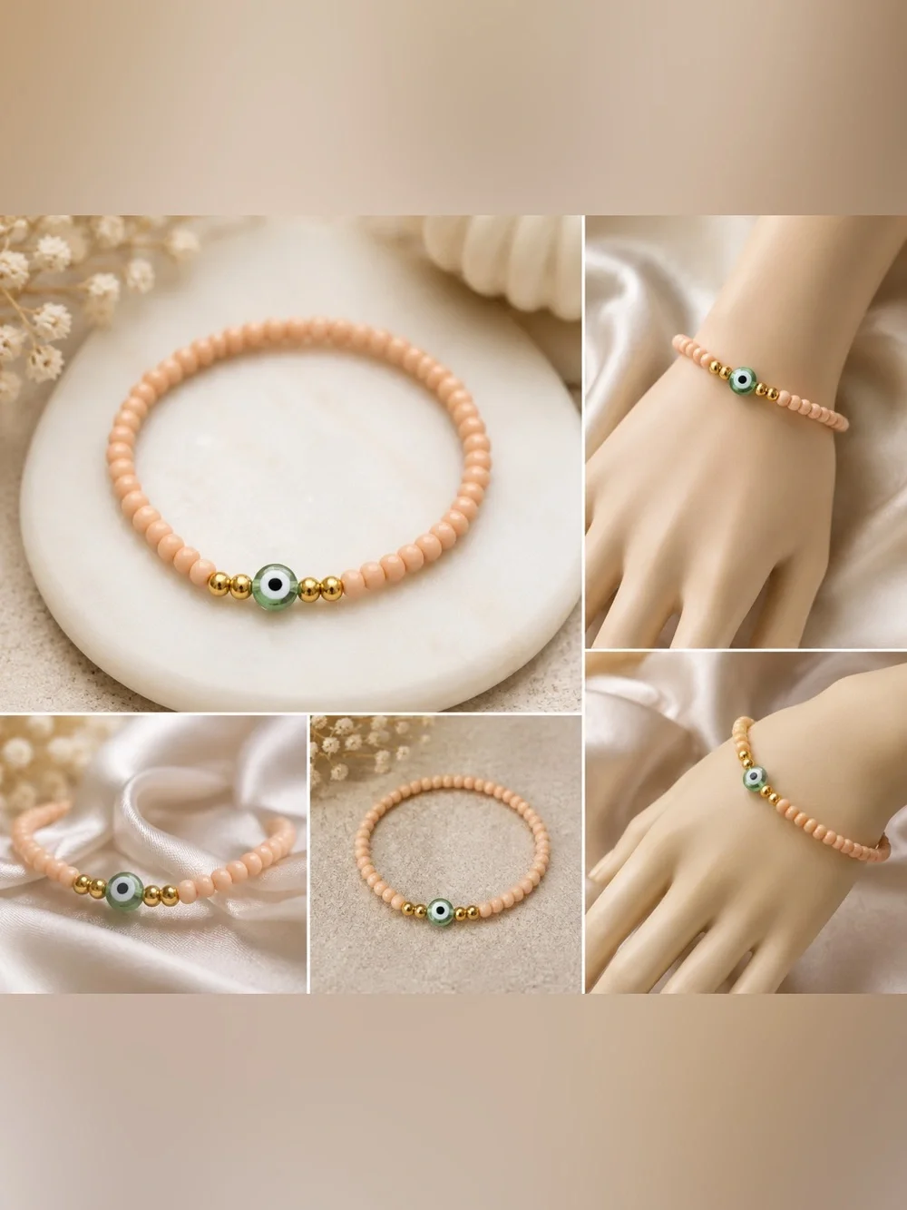 Peach Beaded Evil Eye Stretch Bracelet - Women's Jewelry #12
